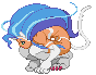 Pixelated creature with blue striped mane, orange body, white paws, and red paw pads in crouched pose against gray background.