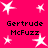 Bright pink background with white star shapes and repeated text "Gertrude McFuzz" in black pixelated font across four quadrants.