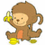 Pixelated brown monkey with light tan face holds yellow banana in right hand, wears orange chest patch and yellow shoes against white background.