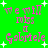 Green background with pink text reading "we will miss a Gabriele" and white starbursts, animated to shift position.