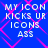 Blue background with pink diamond pattern and white pixelated text reading "MY ICON KICKS UR ICONS ASS" in four identical quadrants