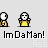 Pixel art character in yellow shirt with white hair and black outline, shown across with changing text bubbles above and varying hand positions