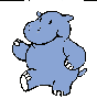 Four pixelated blue hippopotamus figures in different poses on a gray background, each with white accents on feet and hands.
