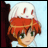 Pixelated anime-style character with red hair and green eyes, wearing a white hat with red accents, positioned next to black background with white text.