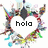 A pixelated circular frame with multicolored abstract shapes surrounding the word 'hola' in black pixelated text on a white background.