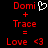 Red pixelated text and symbols on black background with white heart icon above 'Domi' in left