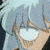 Two anime-style character faces in a split composition; one with light blue hair and closed eyes, the other with dark hair and closed eyes.