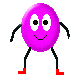 Six pixelated purple oval figures with white eyes, black pupils, and red feet stand in a against gray background