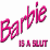 Pixelated pink text 'Barbie' in a stylized cursive font with gradient shading, positioned above smaller pixelated pink text 'B.A. BLIT' on a white background.