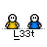 Animated contact sheet of pixel art stick figures in yellow and blue shirts with text bubbles, showing sequential animation frames on a gray background.