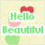 Pixelated image with green text 'Hello Beautiful' over a light yellow background, featuring red, pink, and green hearts.