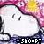 A 3x3 contact sheet of a Snoopy cartoon animation frame sequence with pink and yellow background elements, each frame showing the dog character in a consistent pose with text below.