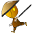 Pixelated character wearing conical straw hat with black band, brown tunic, and brown pants, holding long black staff, standing on gray background.