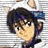 Pixelated anime-style character icon with dark hair and glasses against a striped background, no visible text or motion.