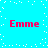 Cyan background with four red "Emme" text blocks and scattered white pixel dots in a pattern