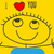 Yellow cartoon face with closed eyes, smiling mouth, and spiky hair; red heart above head; blue, green, or purple shirt; yellow background.