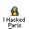 A 5x5 contact sheet of animated frames showing a pixelated character with changing poses and speech bubbles, all labeled "I Hacked Paris" below each frame on a gray background.