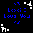 Blue text 'Lexci I Love You' with heart symbols on black background, white pixelated shapes in corners.