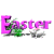 Animated Easter-themed buddy icon featuring pink text and a hopping bunny rabbit with green foliage, displayed as a 4x3 contact sheet of sampled frames showing sequential motion.