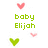 Pixelated icon with green text 'baby Elijah' surrounded by pink and green heart shapes on white background.