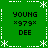 Green background with white dashed border and star motifs, four identical text blocks reading YOUNG *979* DEE in black pixelated font.