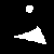 White pixelated shapes on black background with one gray square, showing motion of a small white dot and triangular forms shifting position across frames.