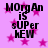 Pixelated text 'MORGAn is sUPer HEW' on pink background with magenta stars, animated star blur effect.