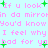 Pixelated text in pink and green on light blue background with repeated phrases about looking in a mirror.