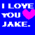 Blue background with white pixelated text reading 'I LOVE YOU JAKE.' and a pink heart symbol replacing the word 'LOVE' in the second line.