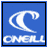 Blue square icon with white wave graphic and 'ONEILL' text below; circular black-and-white crest with crown above shield, 'O'Toole' arched top; blue background with surfer silhouette on wave; blue background with stylized wave graphic and 'GNARLY' text.