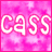 A pink pixelated background with the word 'cass' in white outlined letters, showing three distinct visual states of text rendering and color variation across a