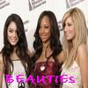 Three women stand side-by-side in a row, each with distinct hairstyles and clothing, against a backdrop with repeated text elements.