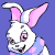 A 4-frame contact sheet of a pixelated cybunny character with white fur, pink inner ears, and blue-and-pink clothing against a solid purple background.