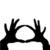 Black silhouette hands forming a circle on white background, pink pixelated text on cyan background.