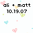 Pixelated graphic with black text 'ali + matt' and date '10.19.07', surrounded by pink, yellow, green, blue, and light brown hearts on white background.