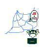 Pixel art animation of a spider-like character with yellow accents on a gray background, featuring blue web lines and a sign reading 'JO YES' in red text.