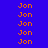 A static digital image displays the name "Jon" repeated in orange pixelated text across four colored sections: blue, purple, red, and magenta.