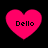 Four pink heart-shaped icons with the text "Dello" in black pixelated font, arranged in a on a black background