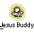Pixelated icon shows a figure with brown hair and white face, wearing dark clothing with light accents, set against yellow radial burst on gray background; text below reads "Jesus Buddy".