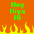 Green pixelated text 'Hey Hiya Hi' on orange background with yellow-orange flames at bottom, animated flame flicker.