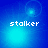 Four blue-toned display the word 'stalker' in pixelated white text with shifting light effects