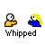 Pixel art buddy icon set with two character types, yellow and blue figures, on gray background showing text bubbles like "GET ME MY ROBE" and "YES MASTER" above repeated "Whipped" labels.