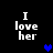 A 4-frame animated contact sheet showing pixelated text "I love her" with a blue heart symbol moving across frames on a black background.
