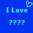 Blue background with light blue pixelated text 'I Love' and four question marks, a heart symbol above the left 'I Love'.
