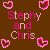 Brown background with four pink pixelated heart icons and text reading 'Stephy and Chris' in mixed pink shades.