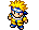 Pixel art character with spiky yellow hair and blue headband in various poses including standing, running, cloud effects, and a red heart symbol.