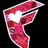 Pixelated pink and white icon with stylized 'F' shape, heart symbol, and text elements on black background.