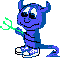 Blue cartoon devil with horns, green scissors, and white sneakers on gray background.
