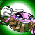 Pixelated cartoon character with pink face, brown body, and white ears against green-yellow radial background.