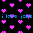 Black background with scattered pink pixelated hearts and repeated blue text 'i love jake' in a retro digital style.